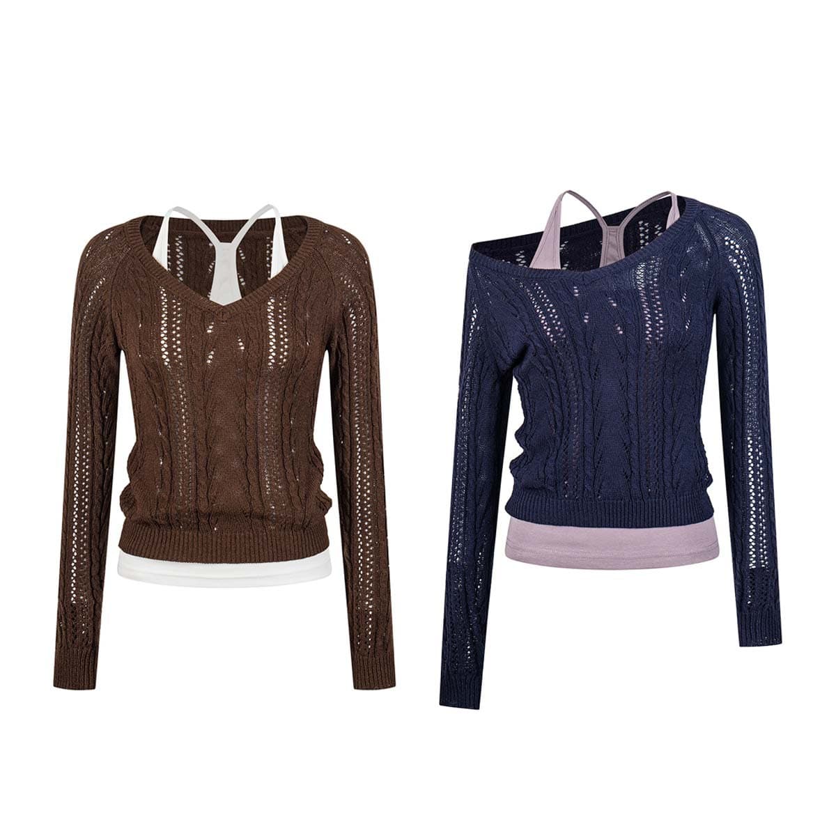 UNBDNS Korean-style V-neck designed cut-out long-sleeve knit top for women, autumn, with fitted cami tank top