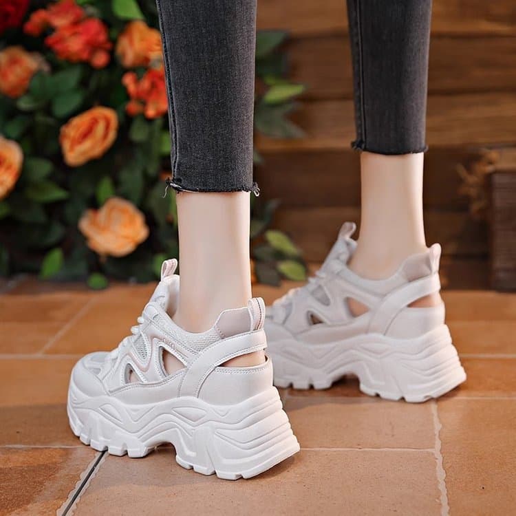 Women's Mesh Hidden Wedge Chunky Sandals, Breathable 2025 Summer New Style, Thick Sole, Hollow Out Casual White Sneakers/Sports Shoes