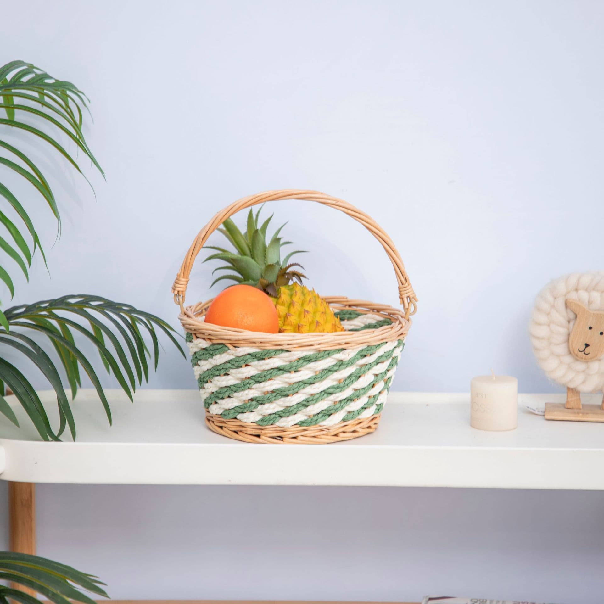 Customized cross-border hot-selling green rice dual-color paper rope removable handle storage basket, Nordic style willow woven hand carry basket