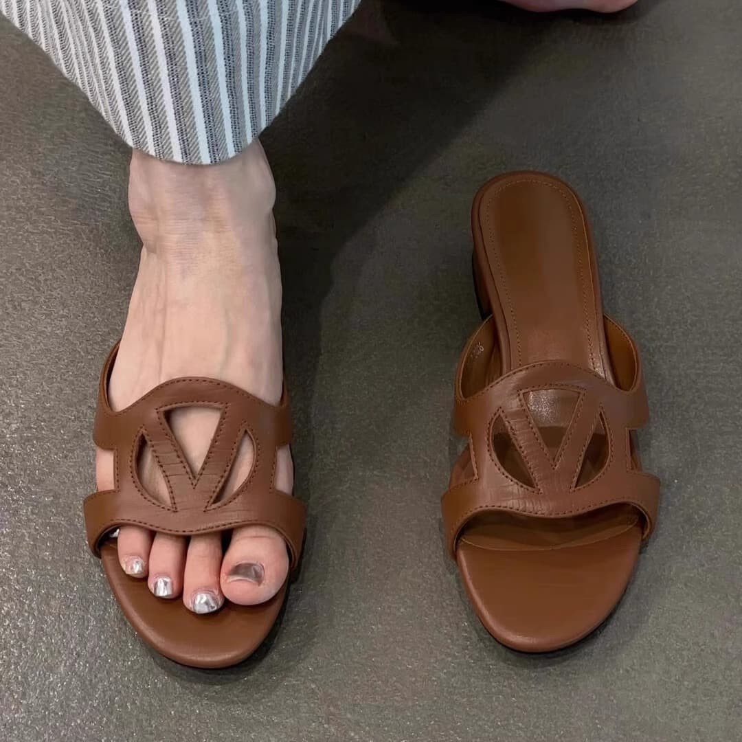 In Stock ~ French Vintage Hollow Out Design Chunky Heel Comfortable Sandals Open Toe Fashion Slide Sandals
