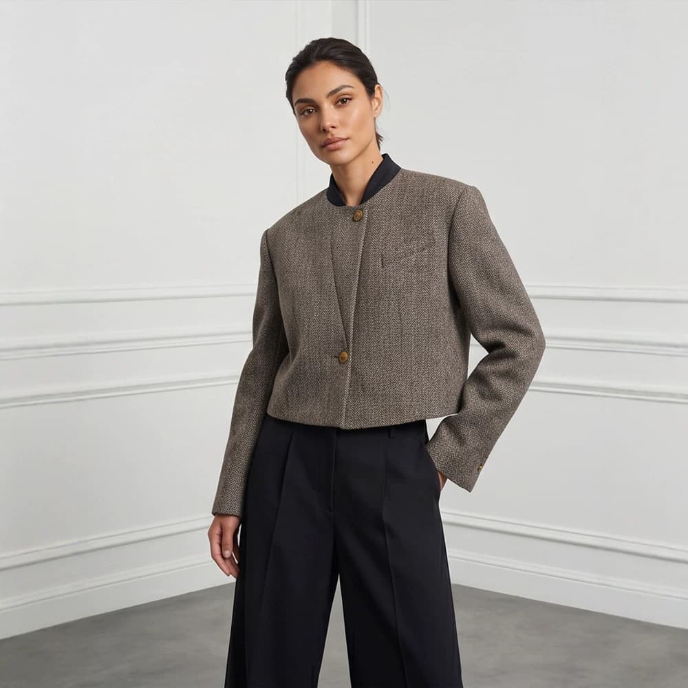 Retro Herringbone Short Jacket Women's New Chinese Style Stand Collar Contrast Color Short Suit Women's New Hot Style 2026 Cross-Border Batch