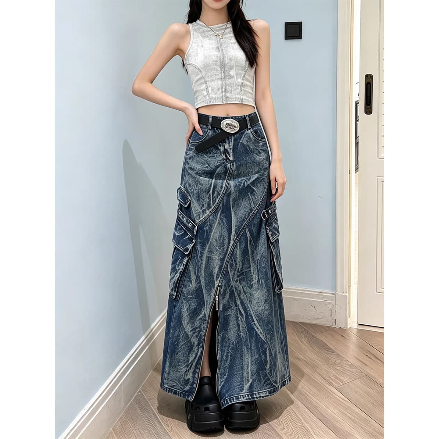 Plus Size American Retro Tie-Dye Fashion Patchwork Denim Skirt for Women, New Design Loose Fit Zip-Up Long Denim Skirt
