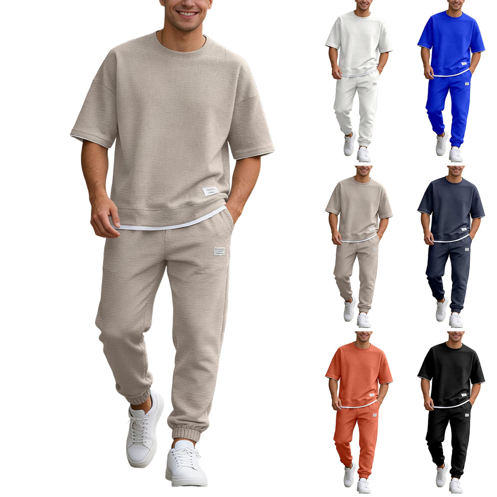 2026 Waffle Short-Sleeve T-Shirt Men's Summer Two-Piece Trendy Youth Casual Sports Men's Outfit European and American Style Men's Wear