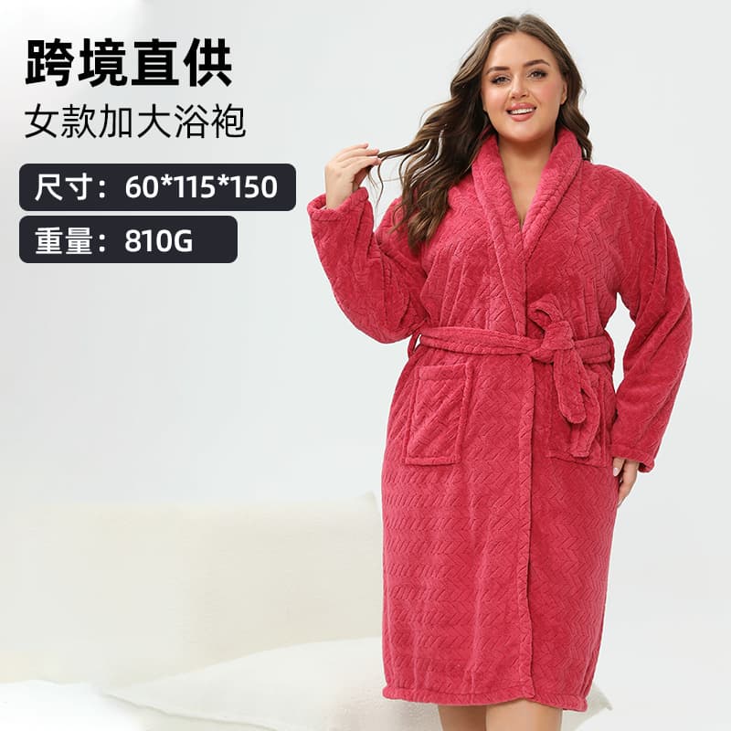 Cross-border Amazon Plus Size Coral Fleece Bathrobe Pajamas for Women, Thickened and Oversized Winter Long Bathrobe