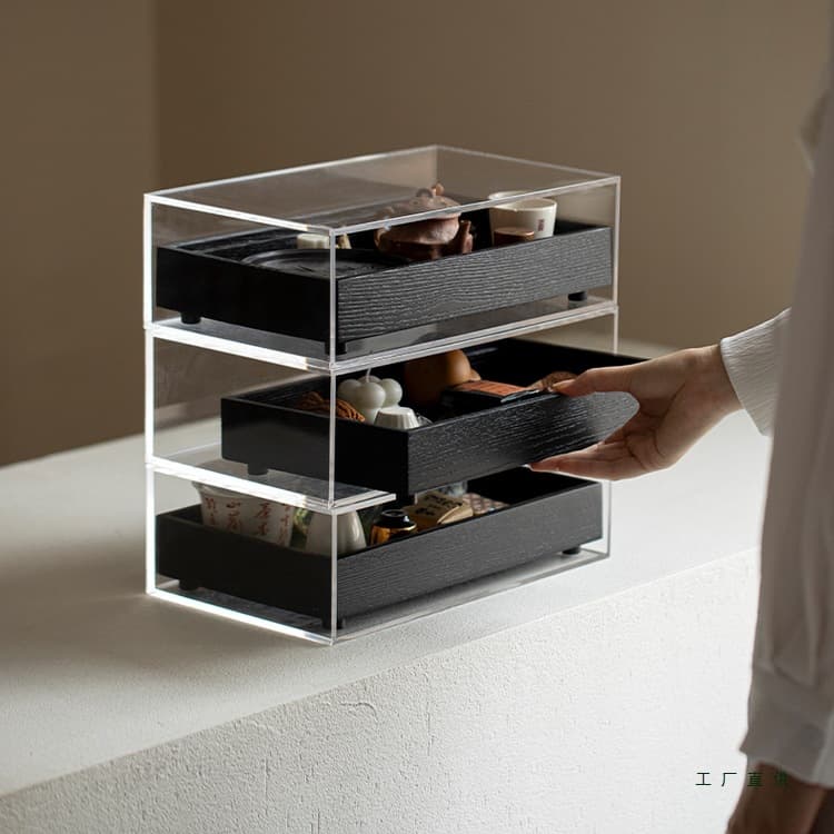 Solid wood multi-layer tea set storage box with acrylic tea cabinet for teapots and collectibles