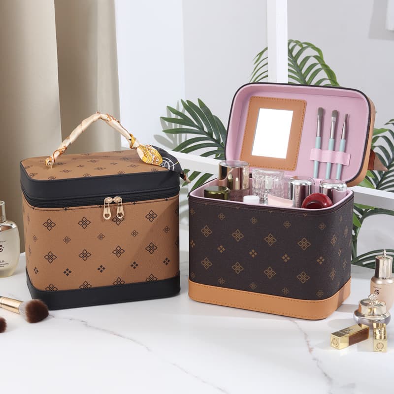 Large Capacity New Fashion Printed Box Handbag Cosmetic Case with Mirror for Amazon