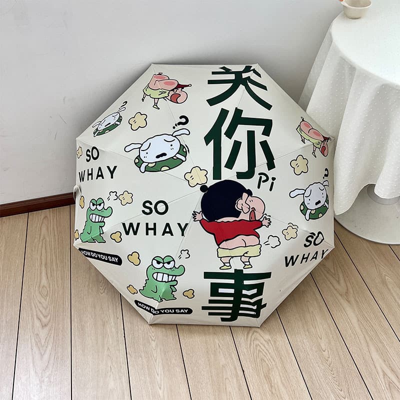 Cartoon image of rain or shine folding umbrellas for men and women, vinyl sun protection and anti-UV parasols