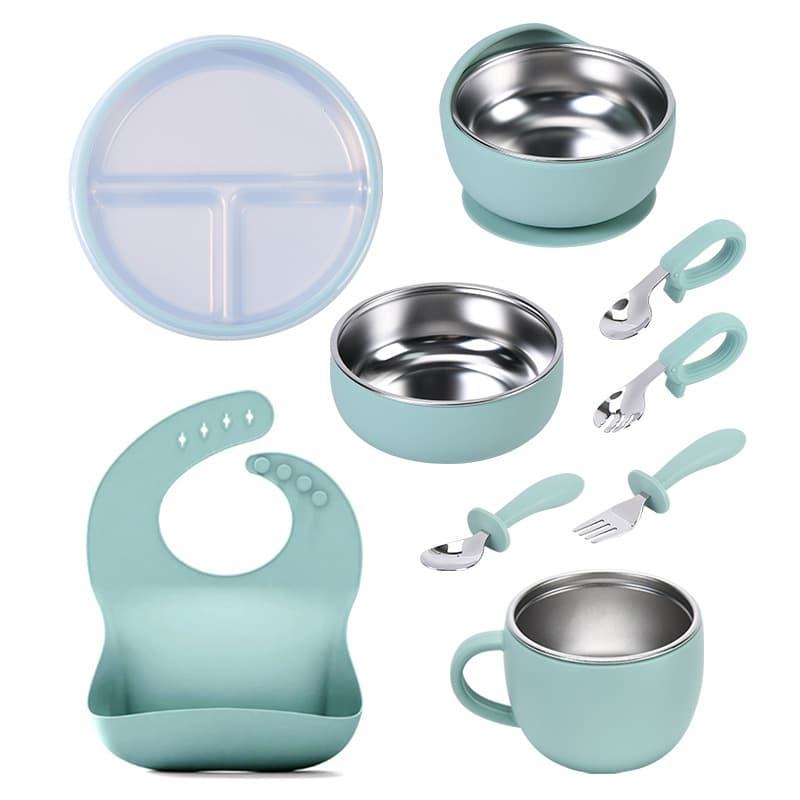 Cross-Border Best-Selling Children's Feeding Tableware Stainless Steel Plate Bowl Cup Silicone Bib Baby Products Fork and Spoon Set