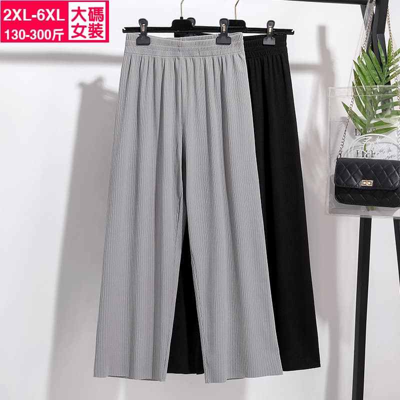 2289 Plus Size Women's New Wide Leg Cropped Casual Pants Summer Thin Style 300 lbs Fat mm Loose Ribbed Straight Leg Pants
