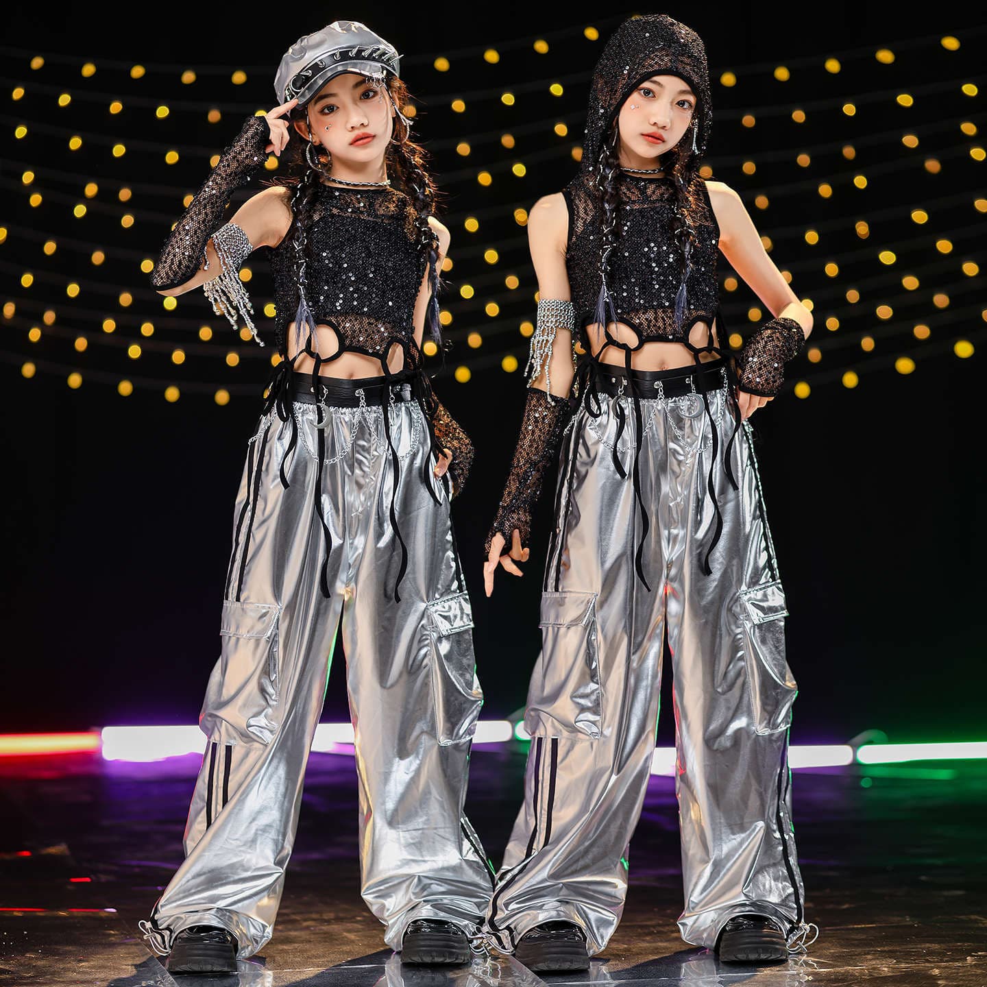 Girls Jazz Dance Costume Set, Kids Jazz Top with Sequin Pants, Children's Jazz Dance Performance Outfit