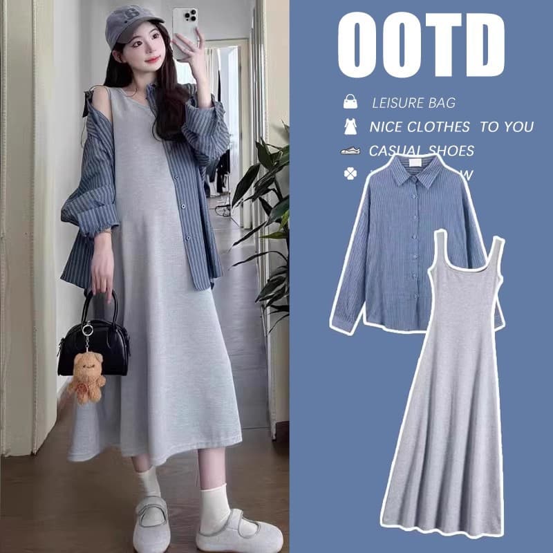 High-end summer maternity dress, 2025 new style, fashionable striped shirt, slimming vest dress, suitable for petite women in spring and autumn.