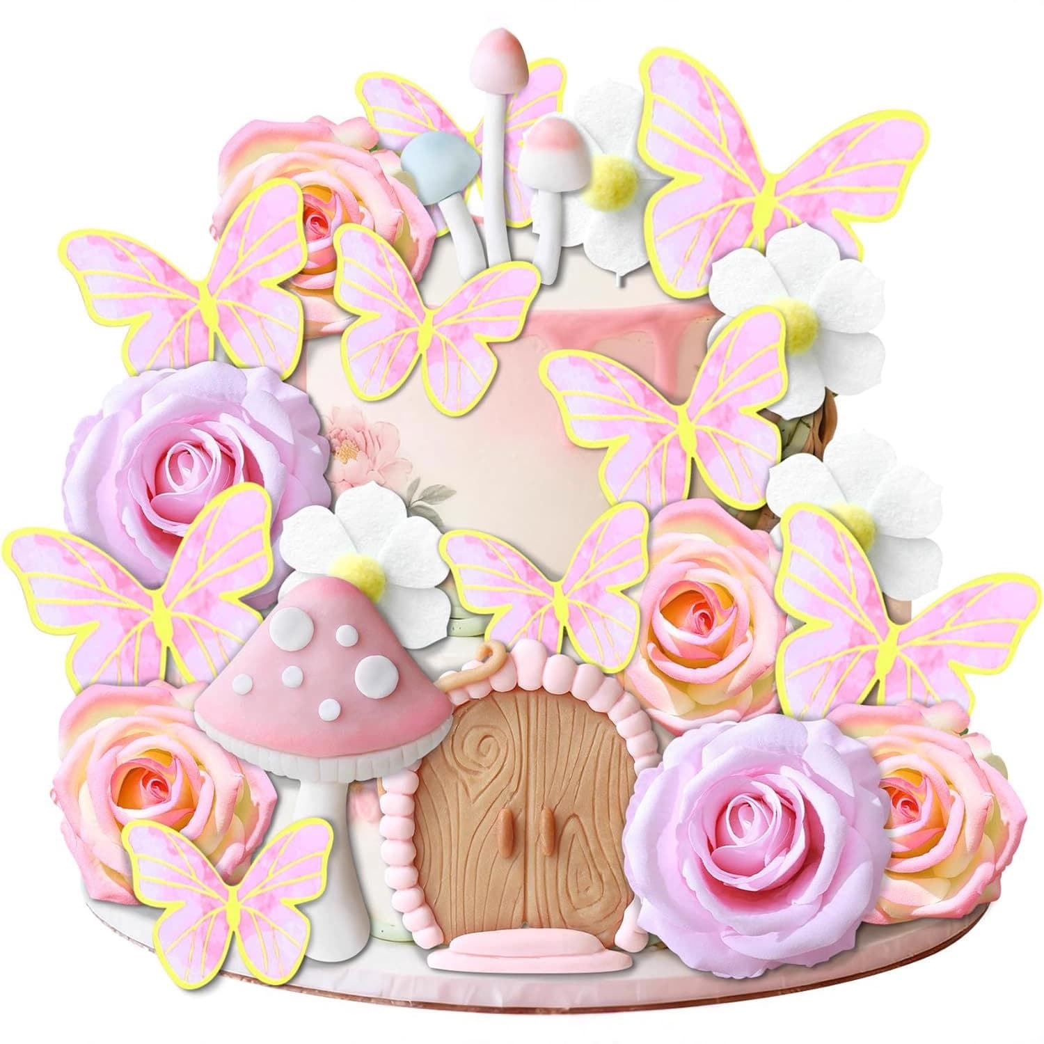 21-piece set of fairy cake decorations, mushroom house dessert table decoration inserts, fairy theme party supplies