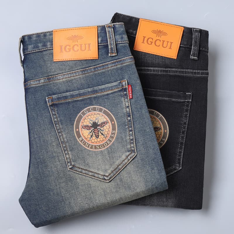 Premium Brand New Men's Jeans Elastic Small Honey Bee Printing Slim Fit Smooths Your Silhouette Straight Leg Casual Denim Trousers