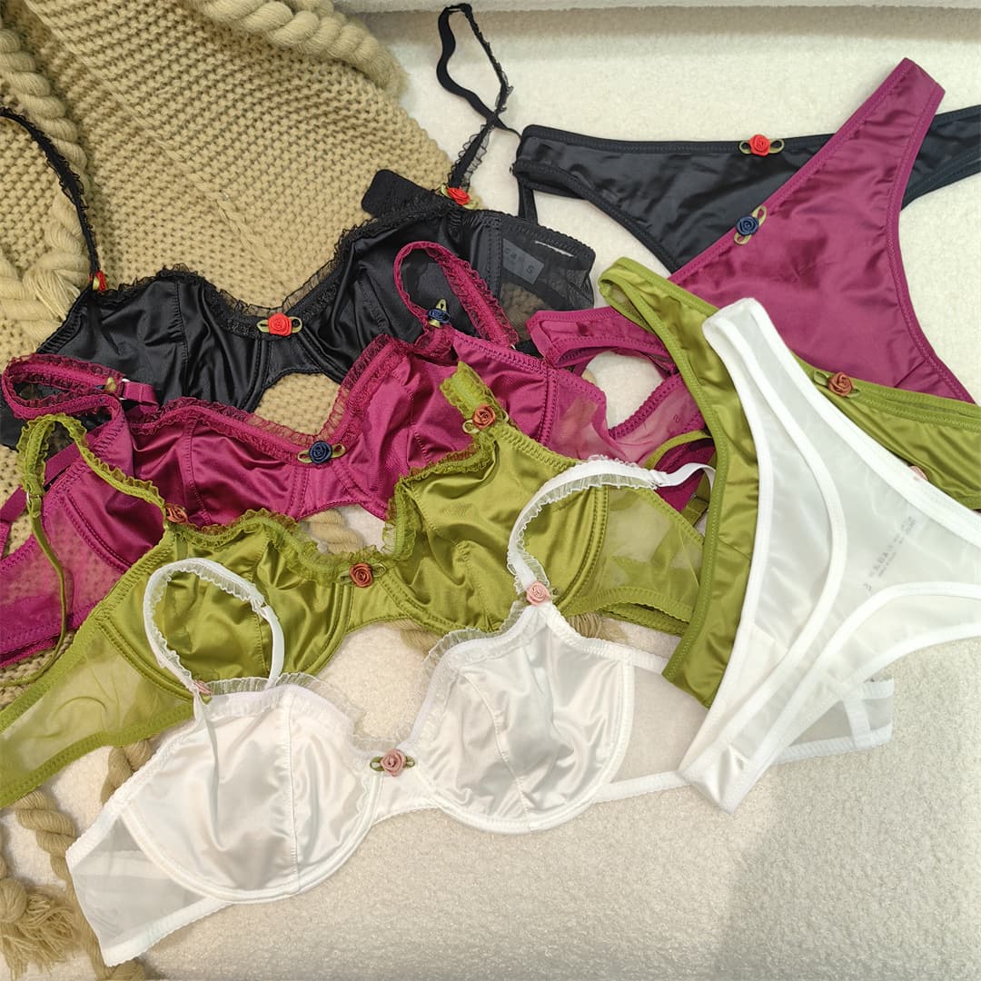Cross-border European and American French Lingerie Women's Sexy Thin Satin Lace Bra Set for Large Bust, Minimizing and Anti-Sagging