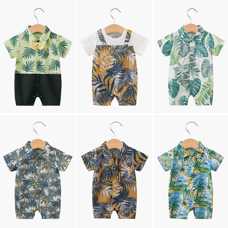 Baby Boy Short Sleeve Bodysuit Hawaiian Print Infant Romper Summer Thin Outing Vacation Clothes