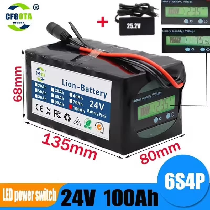 24V battery pack 6S4P 100Ah rechargeable lithium battery with capacity indicator and BMS+ charger