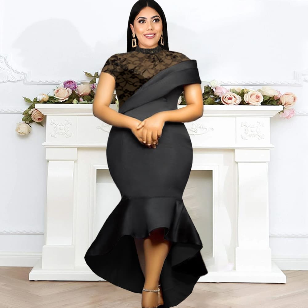 Stand Collar Short Sleeve Sexy Sheer High Waist Bodycon Dress with Ruffle Hem Banquet Dress Plus Size Women's Dress