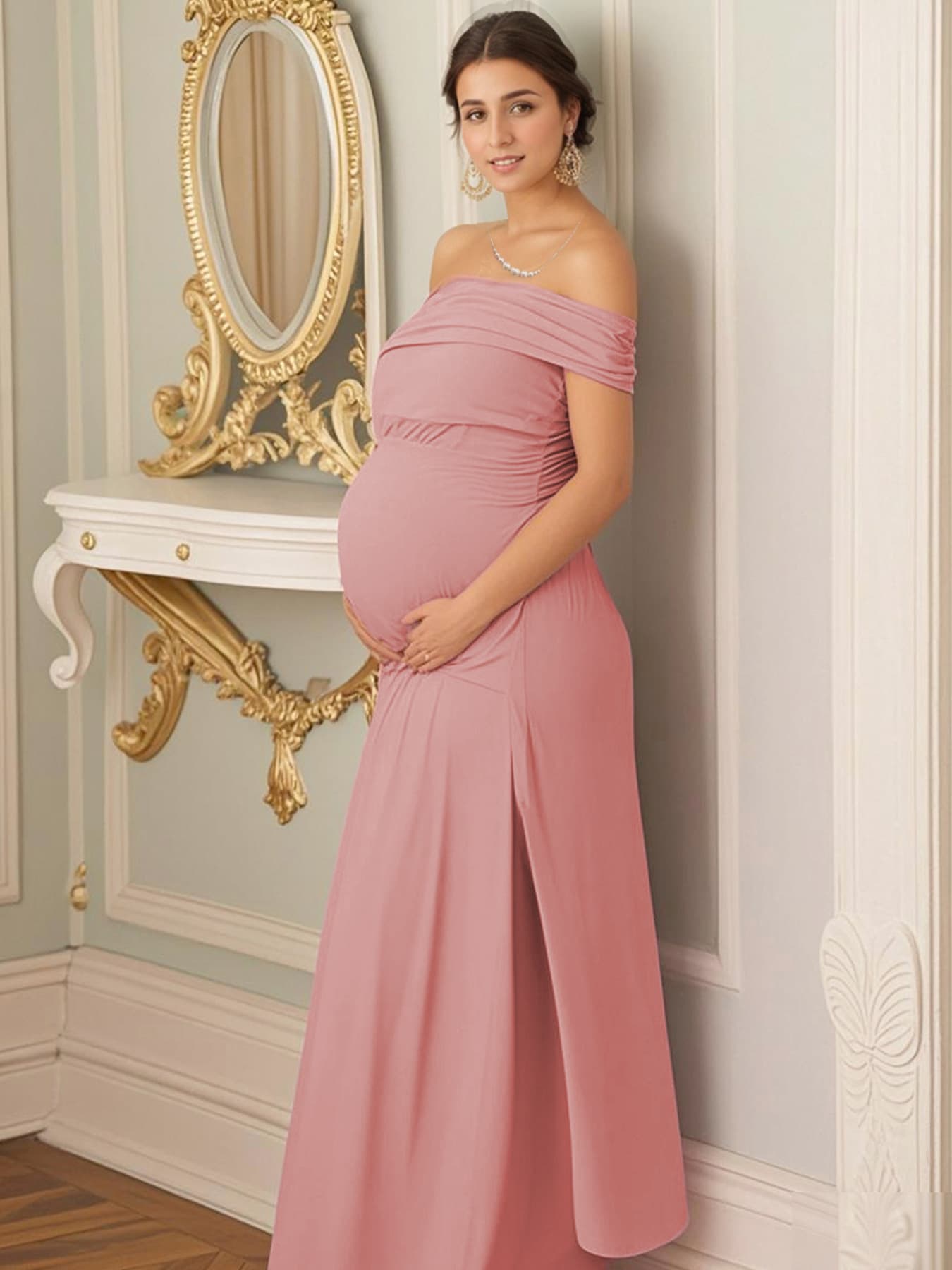 French Off-Shoulder High-Waist A-Line Maternity Dress for Pregnancy Photo Shoot, Banquet Gown