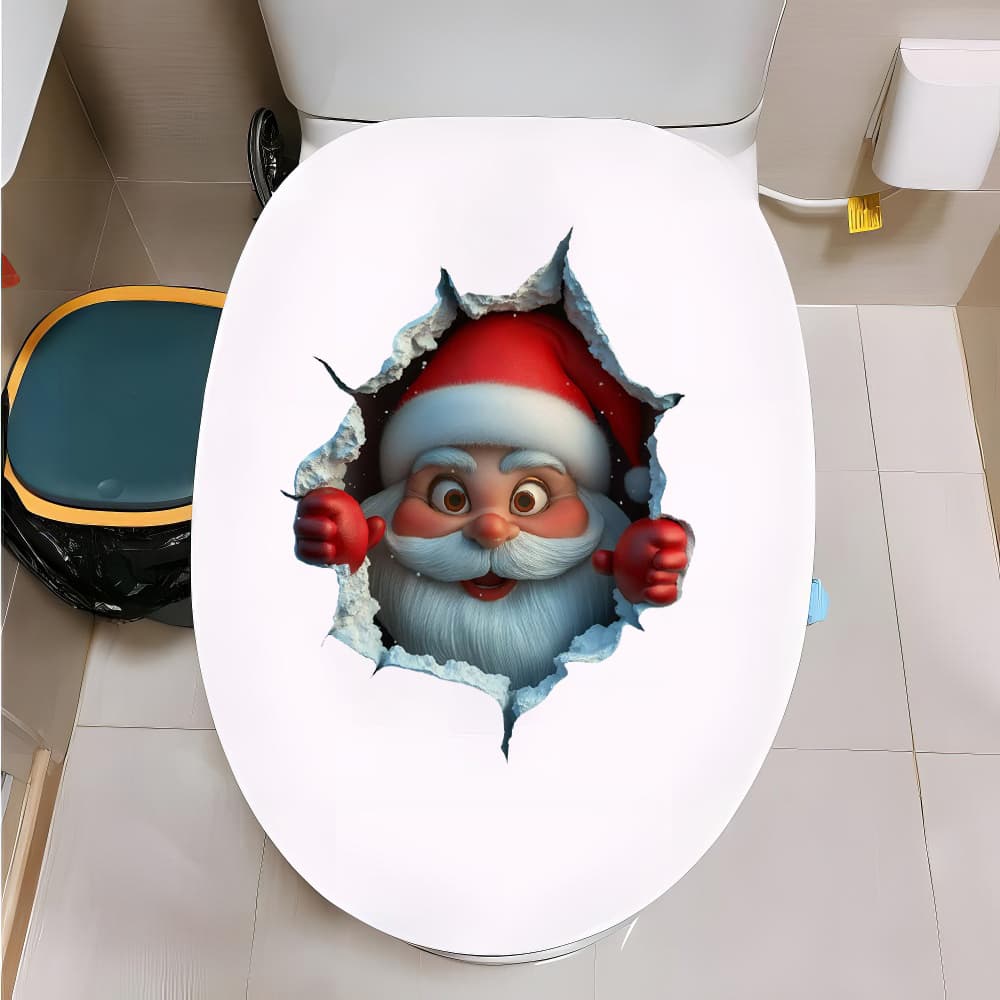 Christmas Cute Santa Claus Breaking Through the Wall Effect Wall Sticker, Toilet Sticker, Self-Adhesive and Removable