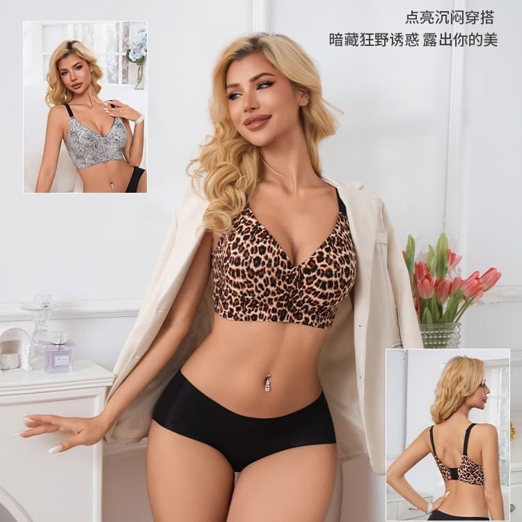 European and American cross-border plus-size wireless push-up sports leopard print seamless bra, women's full-bust push-up bra