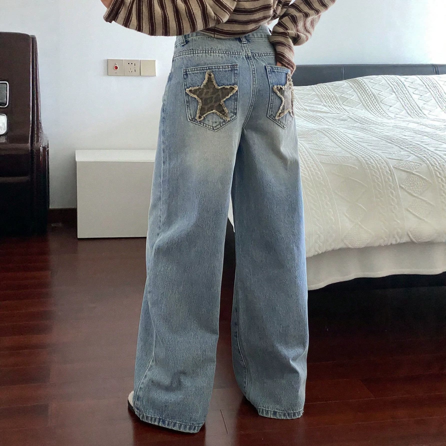 Independent Station 2026 Women's Summer American Trendy Leopard Print Star Jeans Versatile Slim Straight Long Pants Wholesale