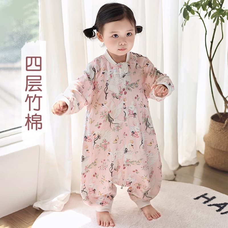 Baby Bamboo Cotton Muslin Separated Leg Sleeping Bag, Newborn Spring/Autumn, Class A Anti-Kick Blanket, All-Season Onesie