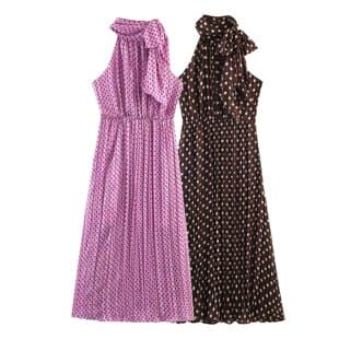2026 Export Cross-Border European and American Women's Polka Dot Bow-Trimmed Midi Dress 12438