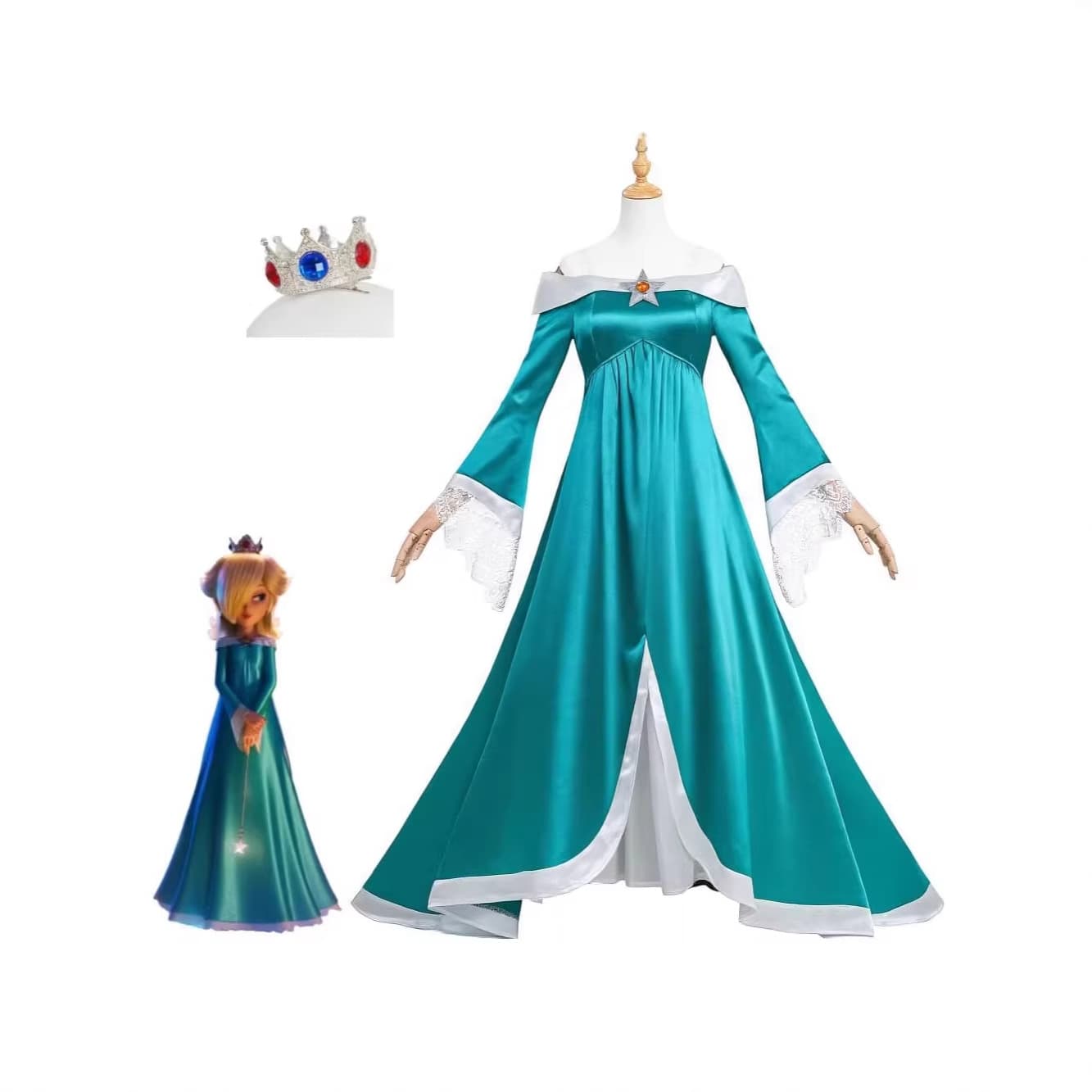 Super Mario Rosalina Princess Cosplay Costume Rosalina Green Satin Long Dress Court Style Dress