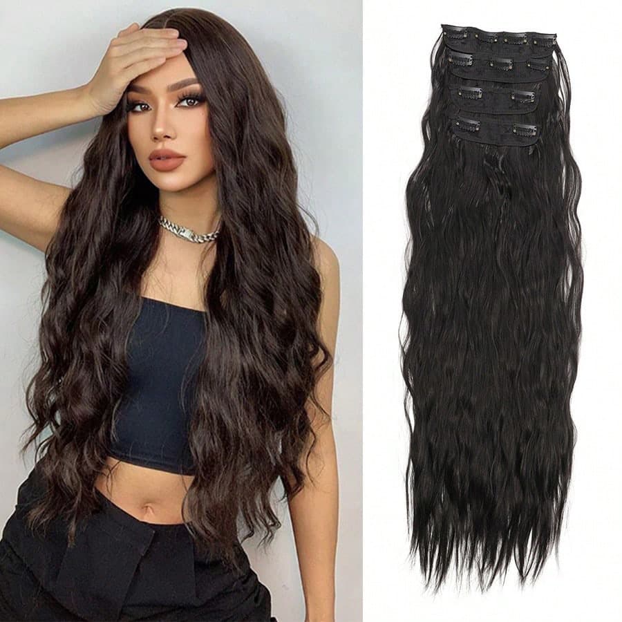 European and American wigs 4-piece water ripple hair extensions four-piece set clip hair BB clip hair extensions wig for women with long curly hair