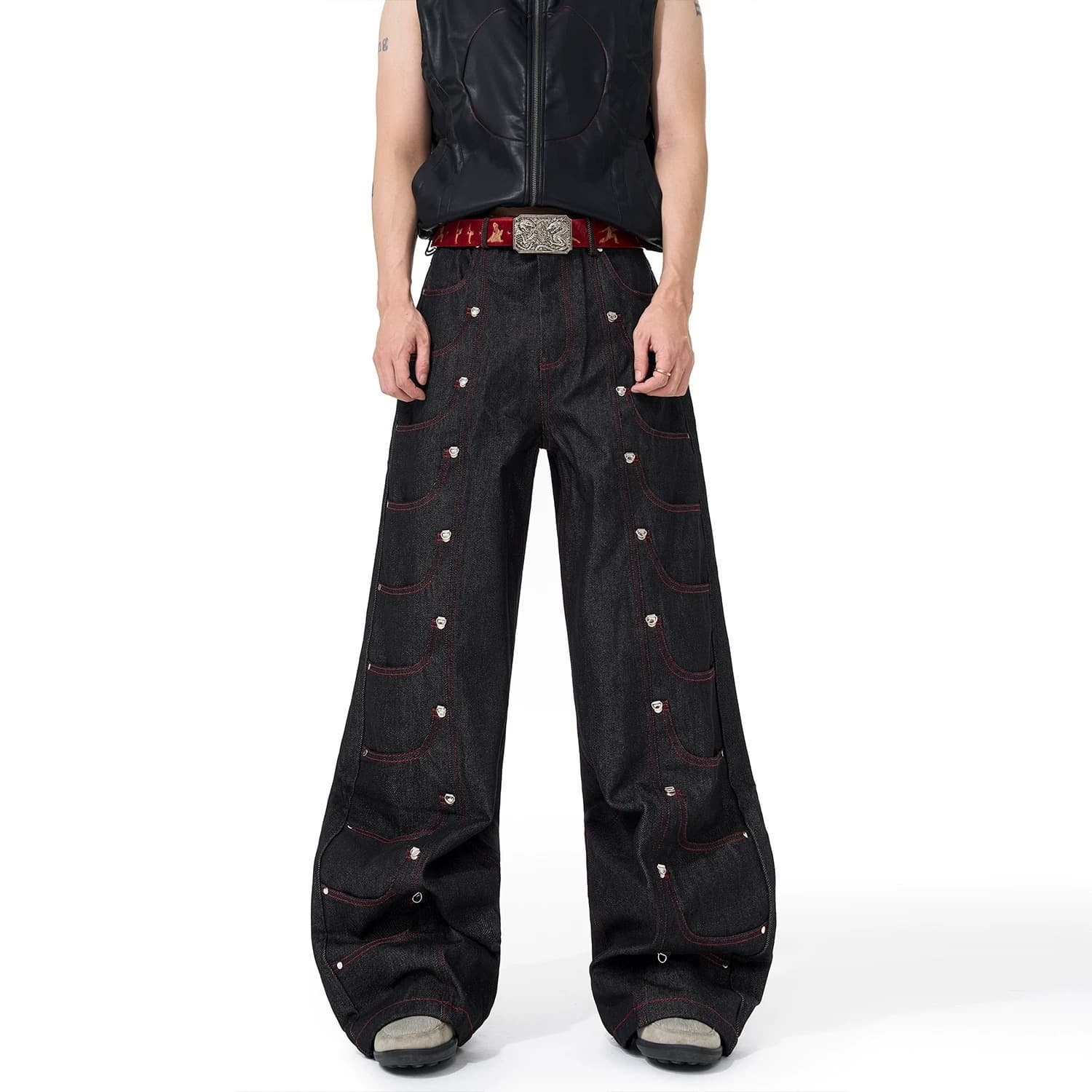 American street heavy-duty design multi-pocket original jeans for men and women, metal-decorated original color wide-leg pants, trendy