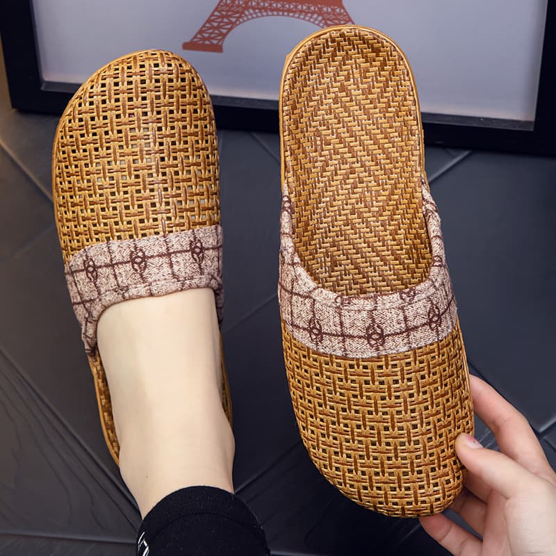 Rattan Mat Slippers, Four-Season Linen Slippers, Home Indoor Anti-Slip, Spring and Autumn Summer Couples Cotton Linen Floor Slippers, Soft Sole