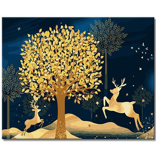 Golden Series DIY Digital Oil Painting, Light Luxury Elk Decorative Art Symbolizing Chinese Style Living Room Background Wall Hanging