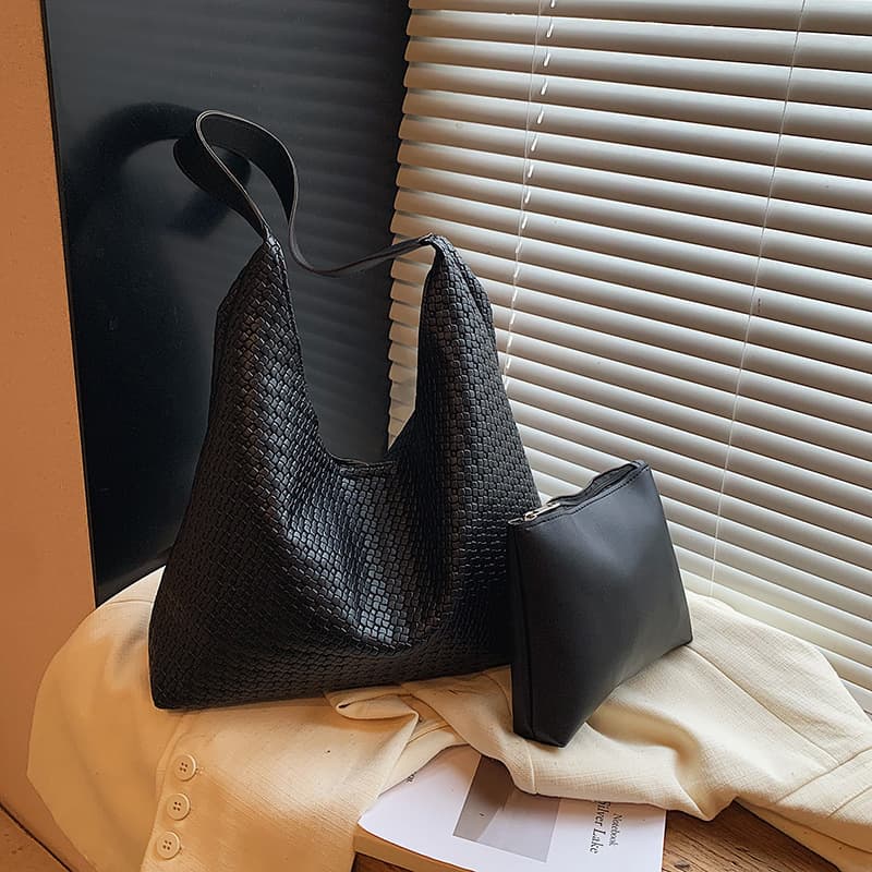 Large Capacity Solid Color Woven Texture Commuter Tote Shoulder Bag Casual Women 2025 Retro New Style