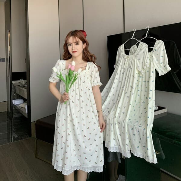 Summer Sweet Pastoral Style Small Floral Short Sleeve Nightgown for Women, Mid-Length Lace Trim, Girly Homewear, Wearable Outdoors