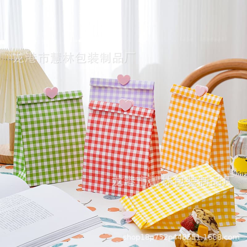 Ins Style Storage Paper Bag Colored Plaid Kraft Paper Square Bottom Bag Blind Bag Candy Christmas Gift Gift Packaging Bag