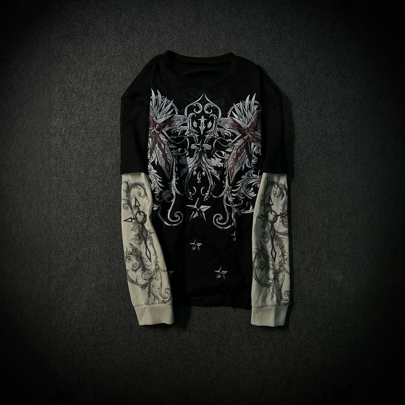 American Retro Patchwork Sleeve Star Pattern Top Men Dark Gothic Cross Print Fake Two-Piece Long Sleeve T-Shirt