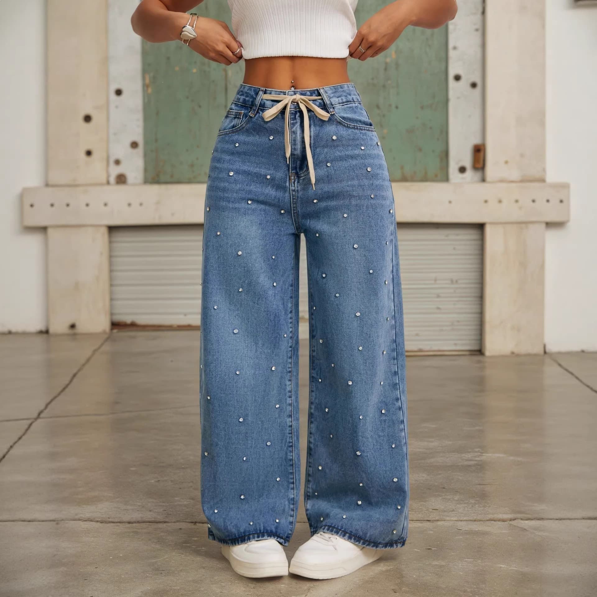Women's Beaded Denim Jeans, New Summer Fashion, High-Waist Loose Fit, Slimming Straight-Leg Wide-Leg Floor-Length Pants with Beads