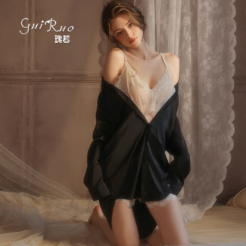 Guiruo Plus Size Lightweight Silk Pajamas Deep V Low Cut Sexy Boyfriend Style Shirt Sleep Dress Loungewear Set 5454