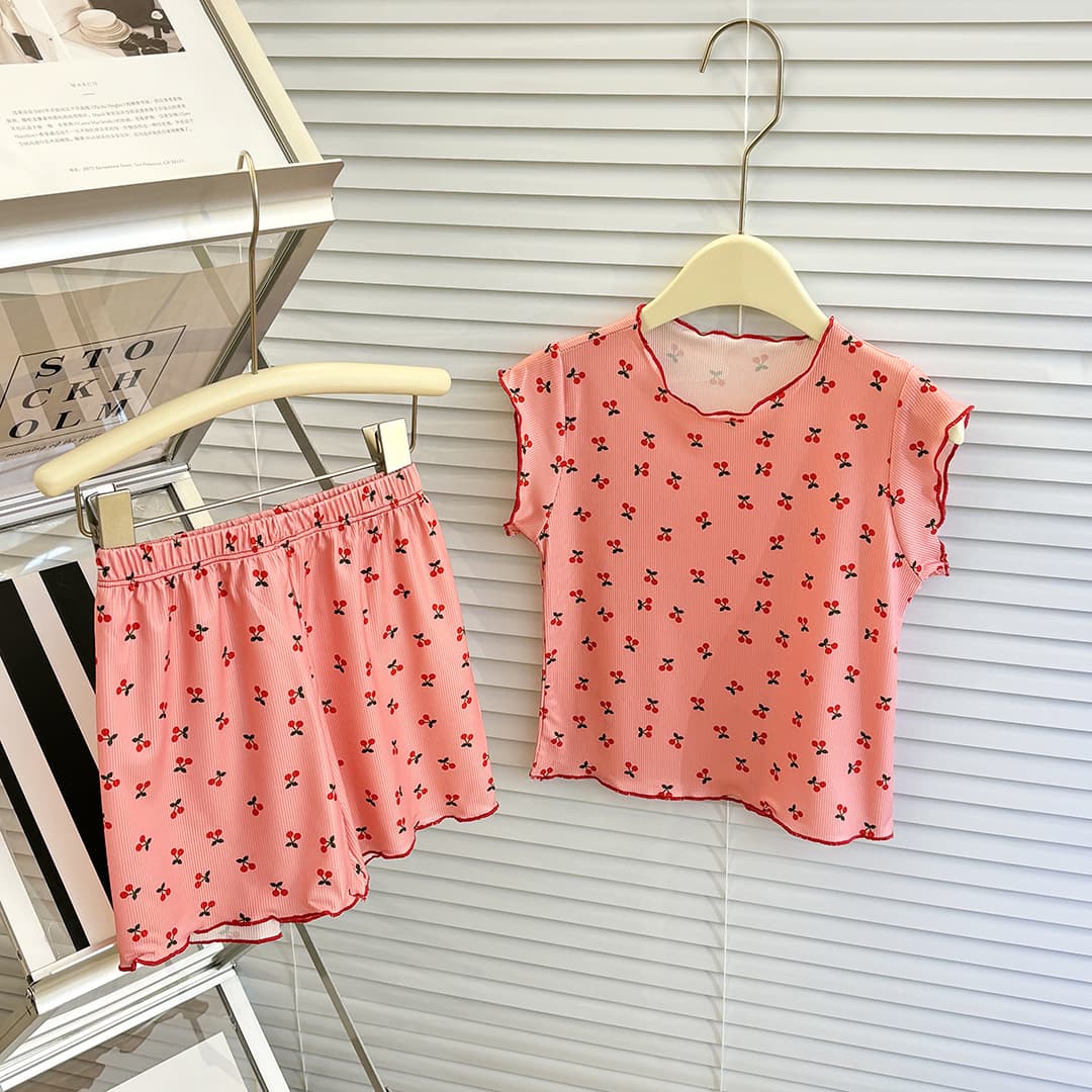 Girls Summer Homewear Set Baby Ice Silk Lace Flutter Sleeve Pajamas Children Sleeveless Vest Shorts Air Conditioning Wear
