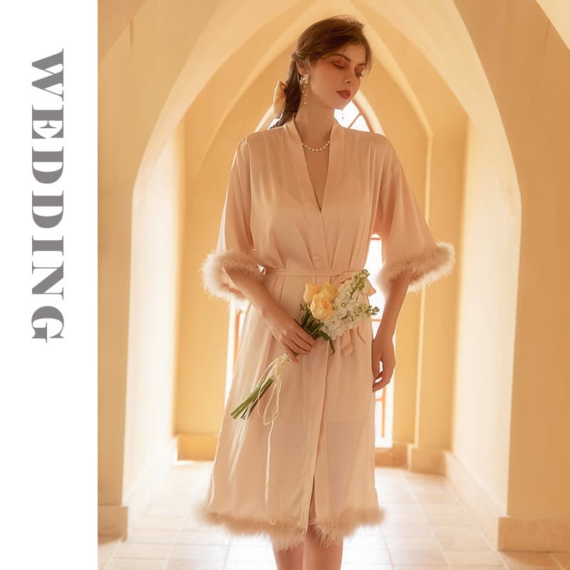 Bride Morning Robe Women's Feather Dressing Gown Wedding Makeup Bridesmaid Kimono Satin Long Bathrobe
