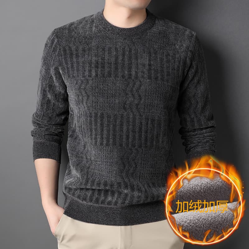 Winter Men's Base Layer Shirt Fleece-Lined Crew Neck Fashion Solid Color Thickened Sweater Chenille Knitwear Men's