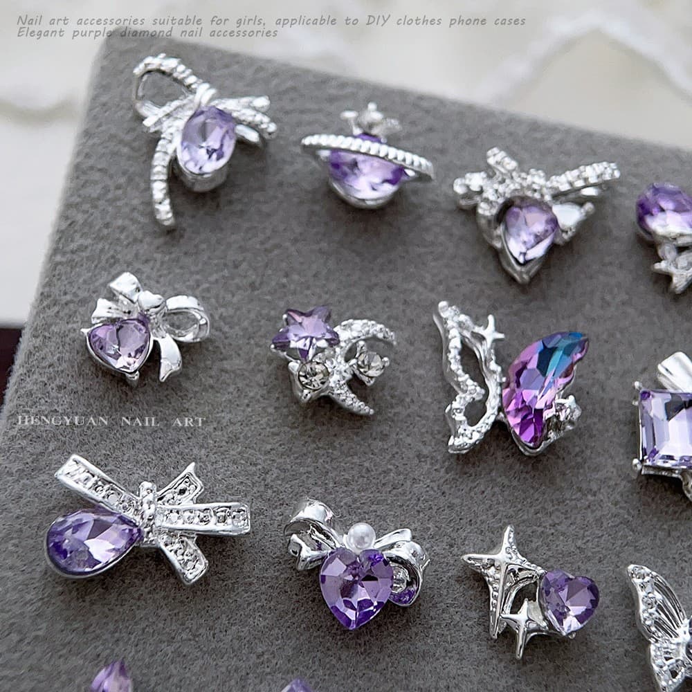 Trendy New Bow Nail Art Accessories Silver Purple Rhinestone Luxury 3D Butterfly Heart Wearable Nail Accessories