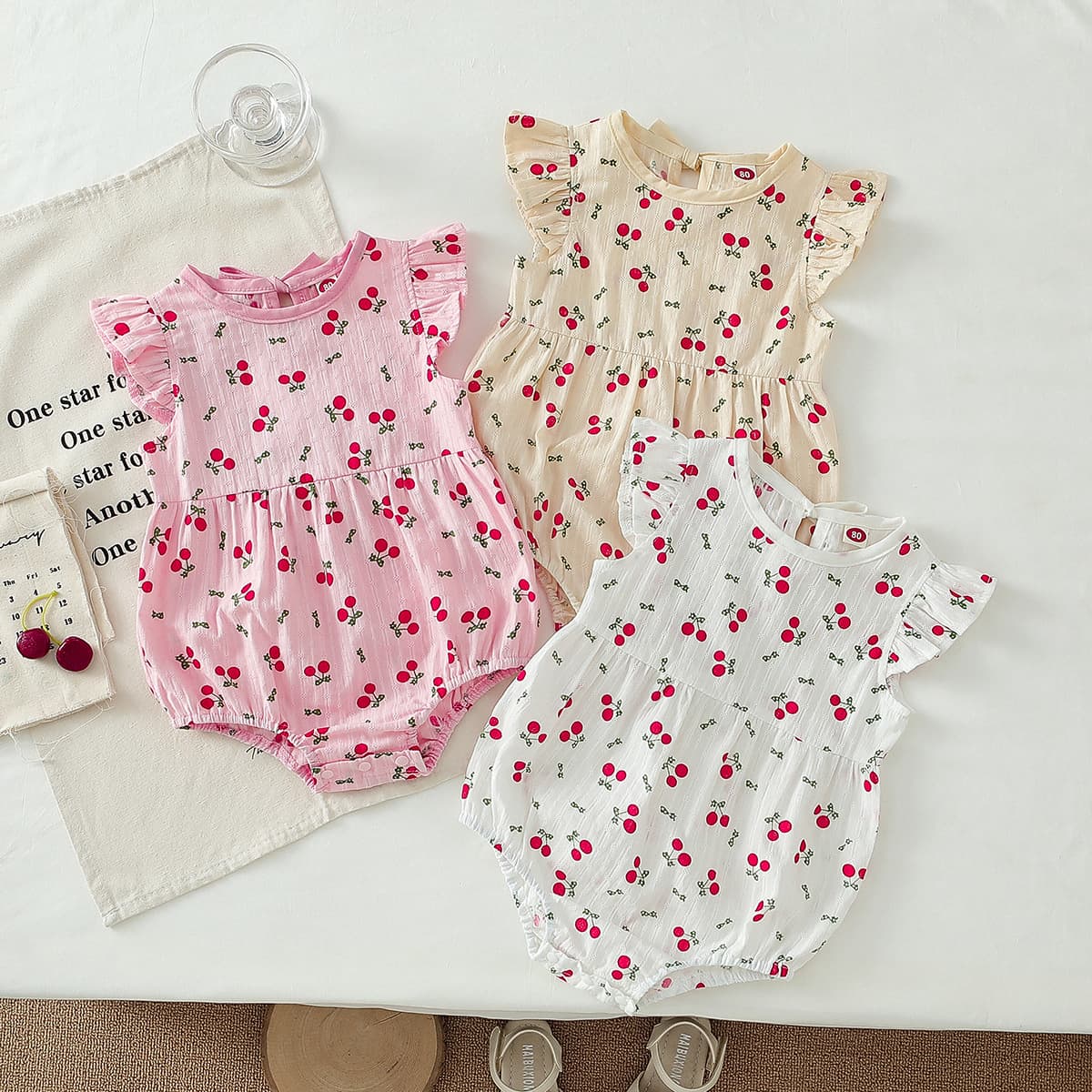 New Summer Baby Bodysuit for Girls, Infant Cotton Printed Romper, Amazon-Style Tie Closure Baby Onesie