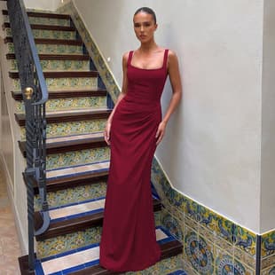 French European-American Style Sexy Slip Dress Slimming Elegant Maxi Dress Square Neck Waist-Cinching Solid Color Bodycon Long Dress for Women