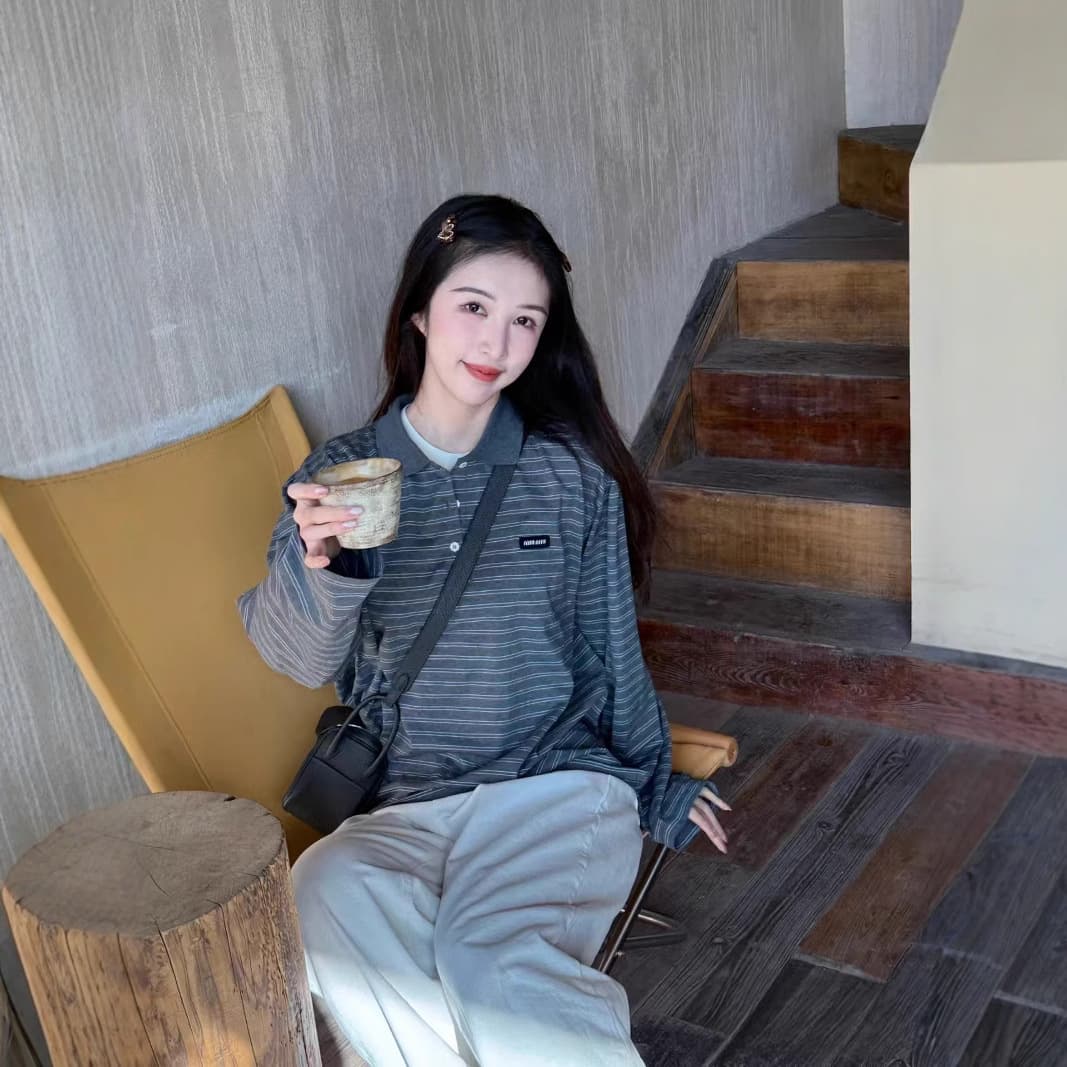 Jimo In Stock High Version Celebrity Same Style Gray-White Striped Collar Polo Shirt Women's Long Sleeve Early Spring Couples Base Layer