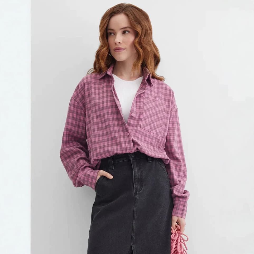 Sweet-Cool Pink Plaid Loose Blouse Women Relaxed Mid-Length Turn-Down Collar Long Sleeve Street Style Versatile Jacket Top