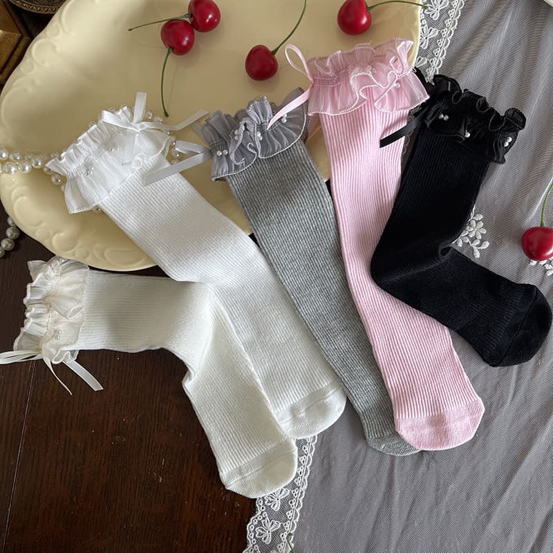 hotmoon spring and summer new beaded mesh lace girls children baby students straight mid-tube pile socks for women