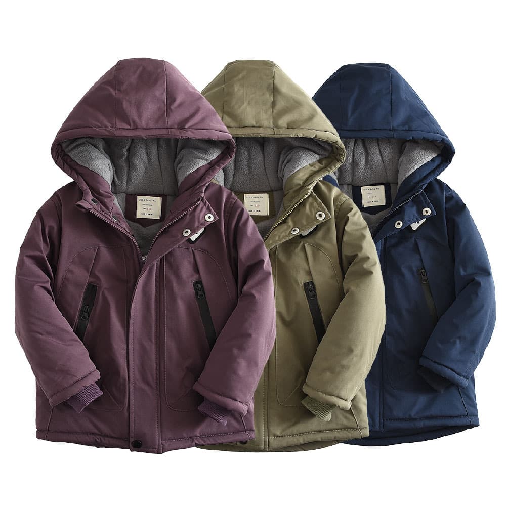 2025 Winter New Windproof Fleece-Lined Thickened Boys' Hooded Cotton Coat with Large Pockets 82502