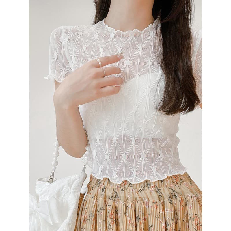 Ruffle Short Mesh Base Top Women Slip Dress Inner T-Shirt Short Sleeve Sheer Cover-Up Lace Top