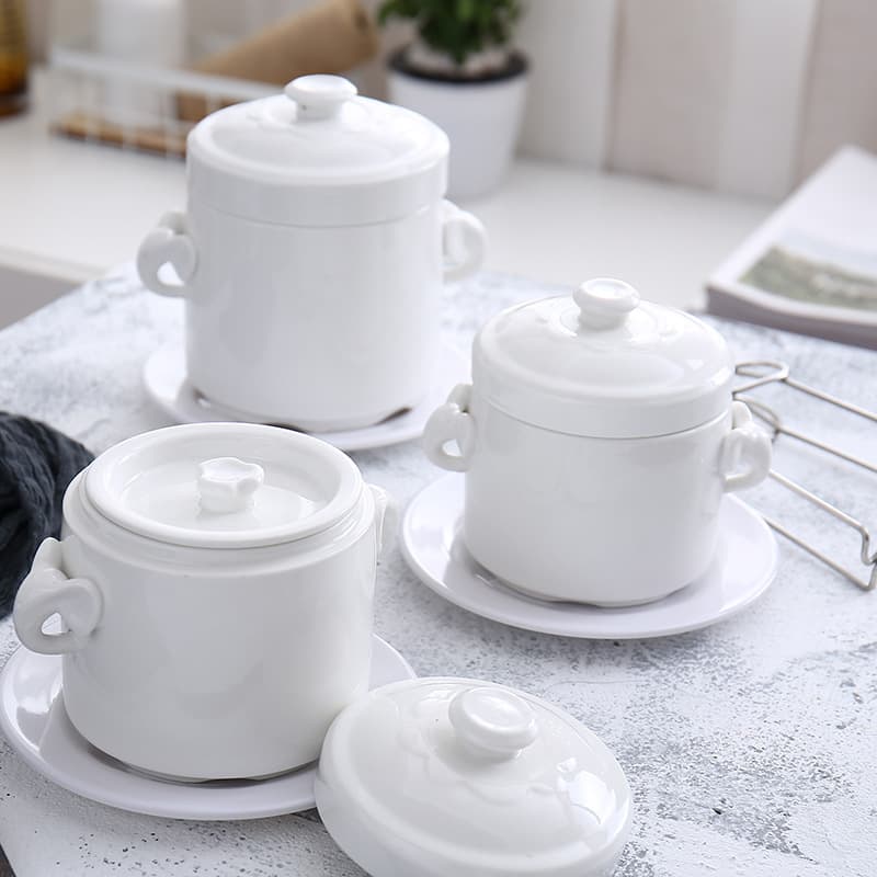 Pure white double-lidded ceramic double-eared stew pots for bird's nest double-boiling, soup pots for hotels and restaurants